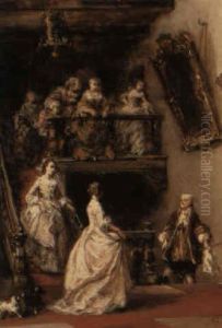 An 18th Century Interior With Elegant Figures On A Staircase by Louis-Gabriel-Eugene Isabey