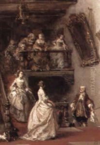 An Eighteenth Century Interior With Elegant Figures On A Staircase