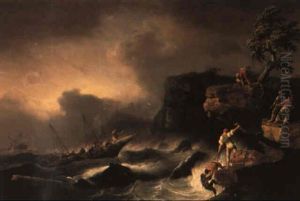 Skeppsbrutna Vid Klippig Kust by Louis-Gabriel-Eugene Isabey