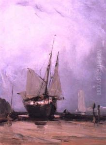 A Beached Sailing Vessel by Louis-Gabriel-Eugene Isabey