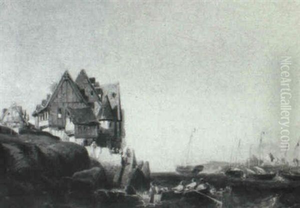 Fishing Village With Men In A Launch - view 1