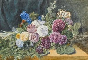 Still Life Of Roses And Other Flowers On A Table; Still Life Of Roses And Other Flowers In A Basket, A Pair by Valentine Bartholomew