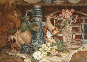 Still Life With Flowers And Fruit, A Blue And White Ewer And A Collector's Box by Valentine Bartholomew