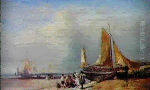 Dame Et Seigneur En Costume Louis Xiv Regardant Le          Dechargement Du Poisson Sur La Plage by Louis-Gabriel-Eugene Isabey