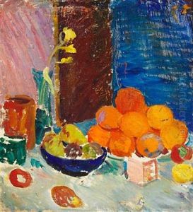 Nature Morte Med Paskeliljer, Appelsiner Og Aebler I Bla Skal (still Life With Daffodils, Oranges And Apples In Blue Bowl) by Karl Isakson