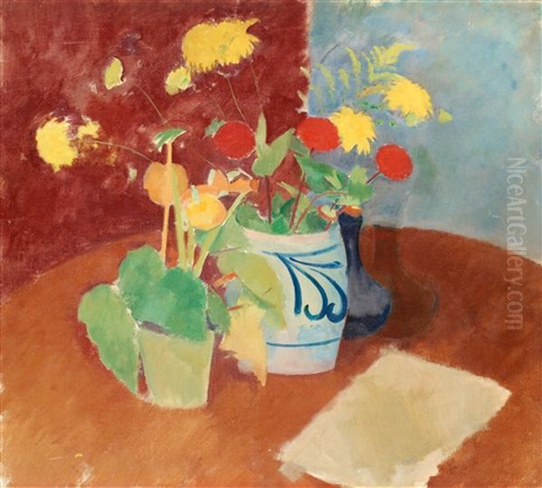 Nature Morte Med Gula Och Roda Blommor I Gra Kruka - view 1