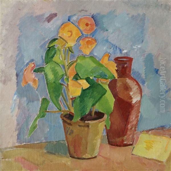 Gul Begonia (nature Morte Med Gul Begonia Och Brunt Krus) - view 1