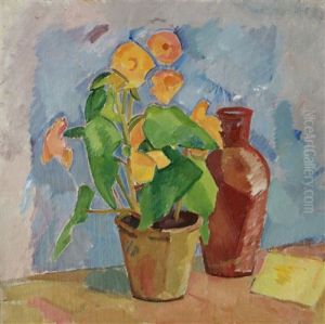 Gul Begonia (nature Morte Med Gul Begonia Och Brunt Krus)