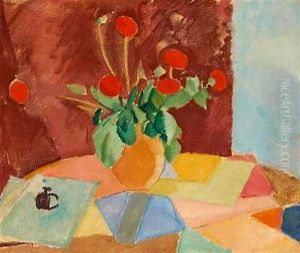 Nature Morte Med Rode Blomster I Vase Nature Morte Med Rode Blomster I Vase
