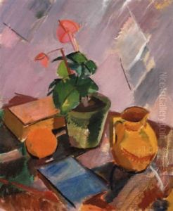 Blomsteropstilling Med Appelsin, Kande Og Boger by Karl Isakson
