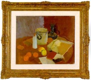Nature Morte Med Gra Kruka, Frukter, Bocker Och Bla Vas