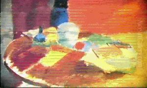 Nature Morte Med Gra Krukke Og Boger Pa Rundt Bord
