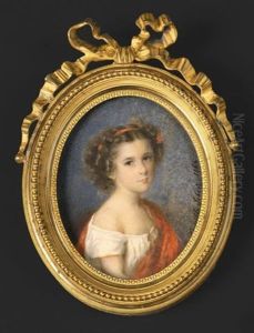 Portrait De Jeune Fille En Buste Presque De Face, Portant Une Robe De Voile Blanc Et Une Echarpe Rouge, Comme Le Ruban Retenant Ses Cheveux Boucles by Camille Cornelie Isbert