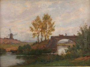 Paysage Au Moulin Anime D'un Paysan Et D'une Vache Sur Un Pont Paysage Au Moulin Anime D'un Paysan Et D'une Vache Sur Un Pont