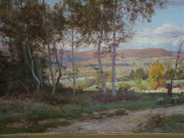 Shepherd With Sheep In A Woodland Glade With Hills Beyond - view 1