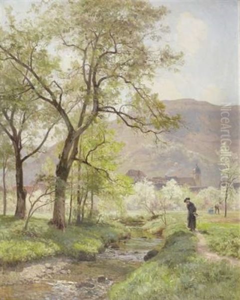 Paysage Du Doubs Avec Paysans Et Cure En Bord De Riviere - view 1