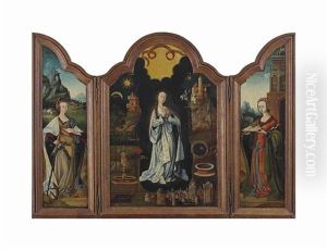 Triptych Of The Litany Of The Blessed Virgin, With Saint Catherine Of Alexandria And Saint Barbara by Adriaen Isenbrant
