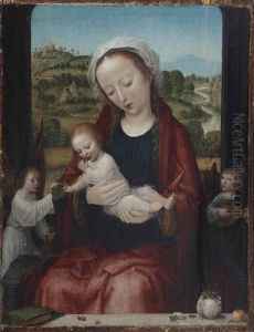 The Virgin And Child Enthroned, Attended By Angels, Before An Open Window With A Hilly River Landscape Beyond