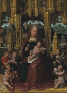 The Virgin And Child Enthroned, With Musical Angels, A Landscape Beyond by Adriaen Isenbrant