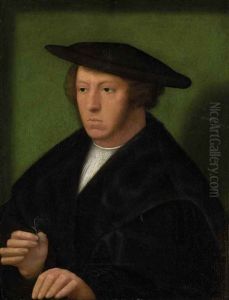 Portrait Of A Gentleman In A Fur-lined Black Mantle And Hat, A Flower In His Right Hand by Adriaen Isenbrant