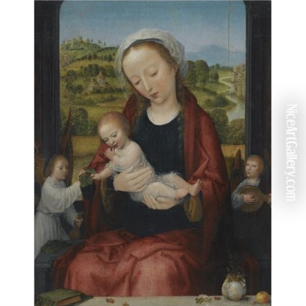 The Virgin And Child Enthroned, Attended By Angels Before An Open Window, An Extensive Fluvial Landscape Beyond - view 1