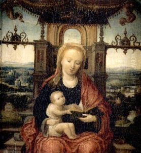 The Virgin And Child Enthroned With An Extensive River Landscape Beyond by Adriaen Isenbrant