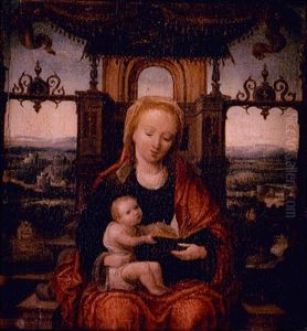 The Virgin And Child Enthroned, With An Extensive River Landscape Beyond by Adriaen Isenbrant
