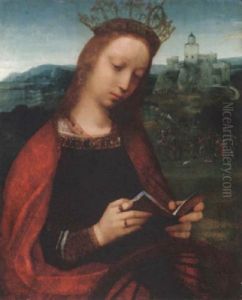 Saint Catherine Of Alexandria With The Scene Of Her Martyrdom Beyond