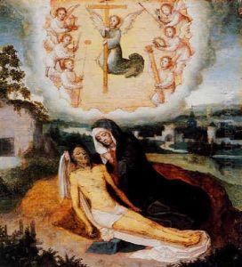 The Pieta With Angels Carrying The Symbols Of The Passion by Adriaen Isenbrant