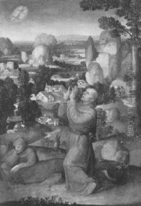 Der Heilige Franziskus Von Assisi Empfangt Durch Das Kruzifix Am Himmel Die Stigmata by Adriaen Isenbrant