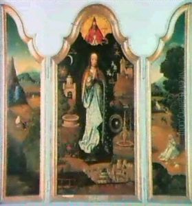 A Triptych-centre Panel: The Virgin With Symbols Of The     Immaculate Conception; On The Wings: The Flight Into Egypt.. by Adriaen Isenbrant