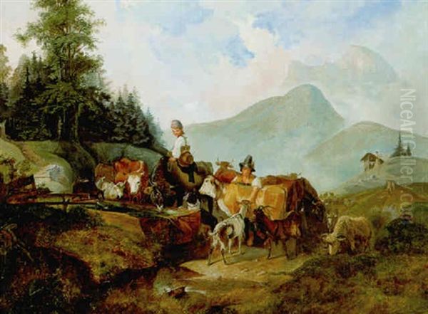 Viehherde Mit Zwei Sennerinnen Auf Der Alm - view 1