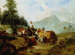 Viehherde Mit Zwei Sennerinnen Auf Der Alm
