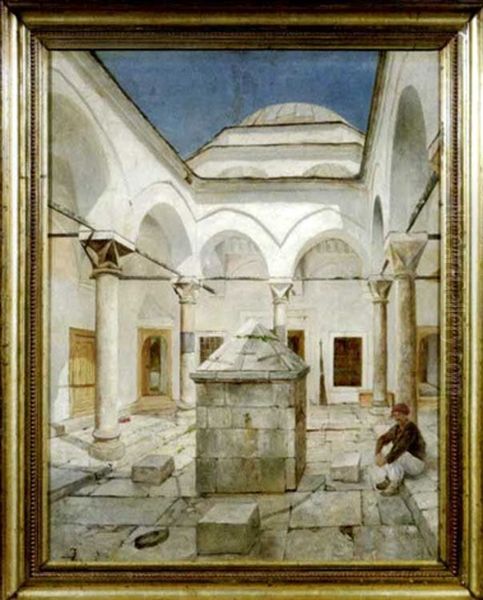 Blick In Einen Sonnenbeschienenen Orientalischen Hof Mit Einem Rastenden Mann Am Rechten Bildrand - view 1