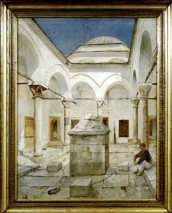 Blick In Einen Sonnenbeschienenen Orientalischen Hof Mit Einem Rastenden Mann Am Rechten Bildrand