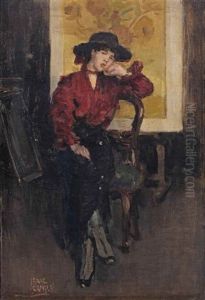 An Elegant Lady Posing Before The Sunflowers Of Vincent Van Gogh by Isaac Lazarus Israels