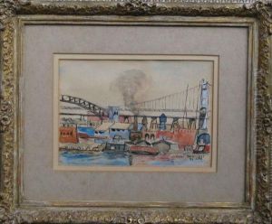 Suspension Bridge With Buildings And River In Foreground by Gray Bartlett