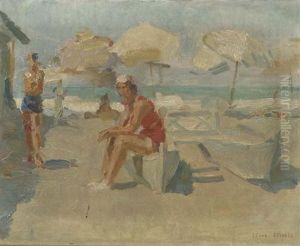 Lidostrand Met Parasols En Bootjes: At The Beach Of The Lido, Venice by Isaac Lazarus Israels