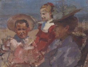 Aan Het Strand: A Governess With Two Children On The Beach, Scheveningen Aan Het Strand: A Governess With Two Children On The Beach, Scheveningen