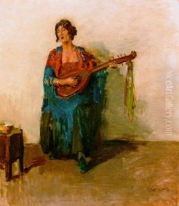 A Portrait Of Guusje Van Dongen Playing The Mandoline by Isaac Lazarus Israels