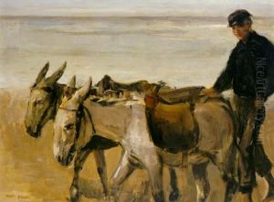 A Donkey Driver With Donkeys On Scheveningen Beach by Isaac Lazarus Israels