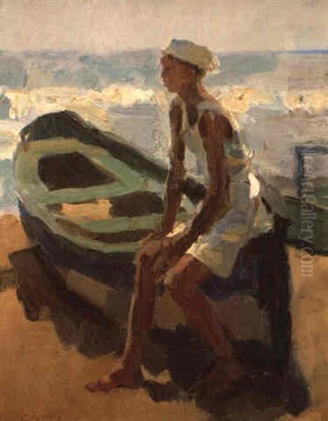 Seated Boy In A Boat By The Beach - view 1