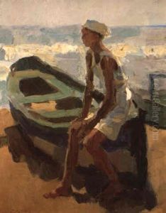 Seated Boy In A Boat By The Beach