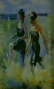 Two Girls Running Through The Breakers by Isaac Lazarus Israels