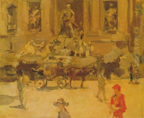 Elegant Figures Strolling In Front Of The Trevi-fountain, Rome - view 1