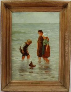 Children Wading In The Shallow Waters Of The Beach by Jozef Israels