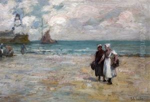 Seascape With Two Ladies On Beach Seascape With Two Ladies On Beach