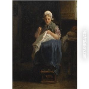 A Peasant Girl Sewing by Jozef Israels