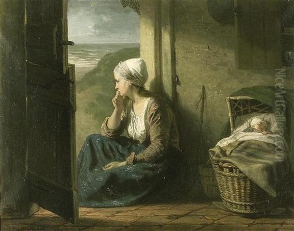 Jeune Mere Pensive Et Enfant Dormant Dans Son Berceau - view 1