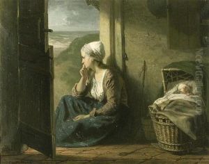 Jeune Mere Pensive Et Enfant Dormant Dans Son Berceau by Jozef Israels